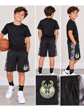 Milwaukee Bucks NBA Boys M 10/12 Basketball Shorts Black Camo NWT